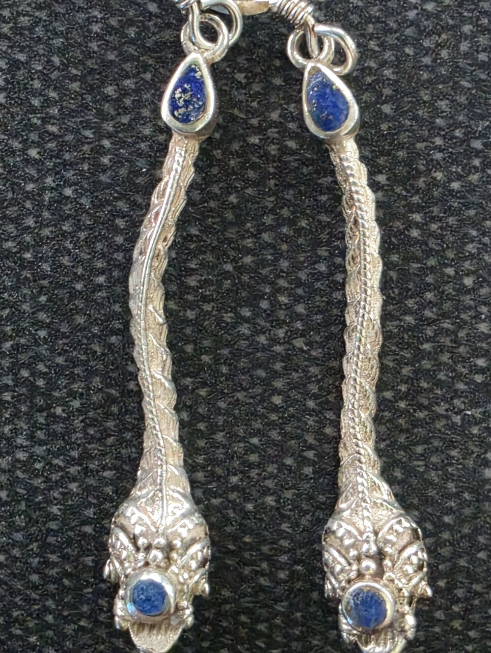 Sterling Silver Dragon Drop Earrings with Blue Stone